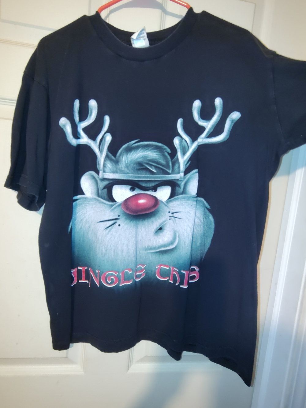 Warner Bros. Black Tee with Blue-Grey Tasmanian Devil Reindeer Graphic